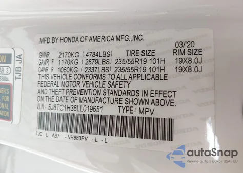 2020 Acura Rdx Standard from USA, damaged, VIN 5J8TC1H36LL019651